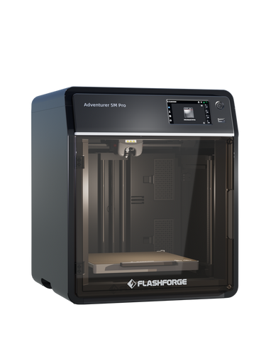 Flashforge Adventurer 5M PRO 3D Printer front view, showcasing its sleek, fully enclosed design.
